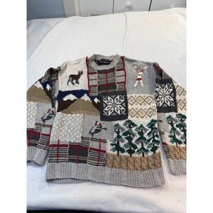 Cape Isle Knitters Mens Large Hand Knitted Patchwork Winter Ski Scene Sweater L